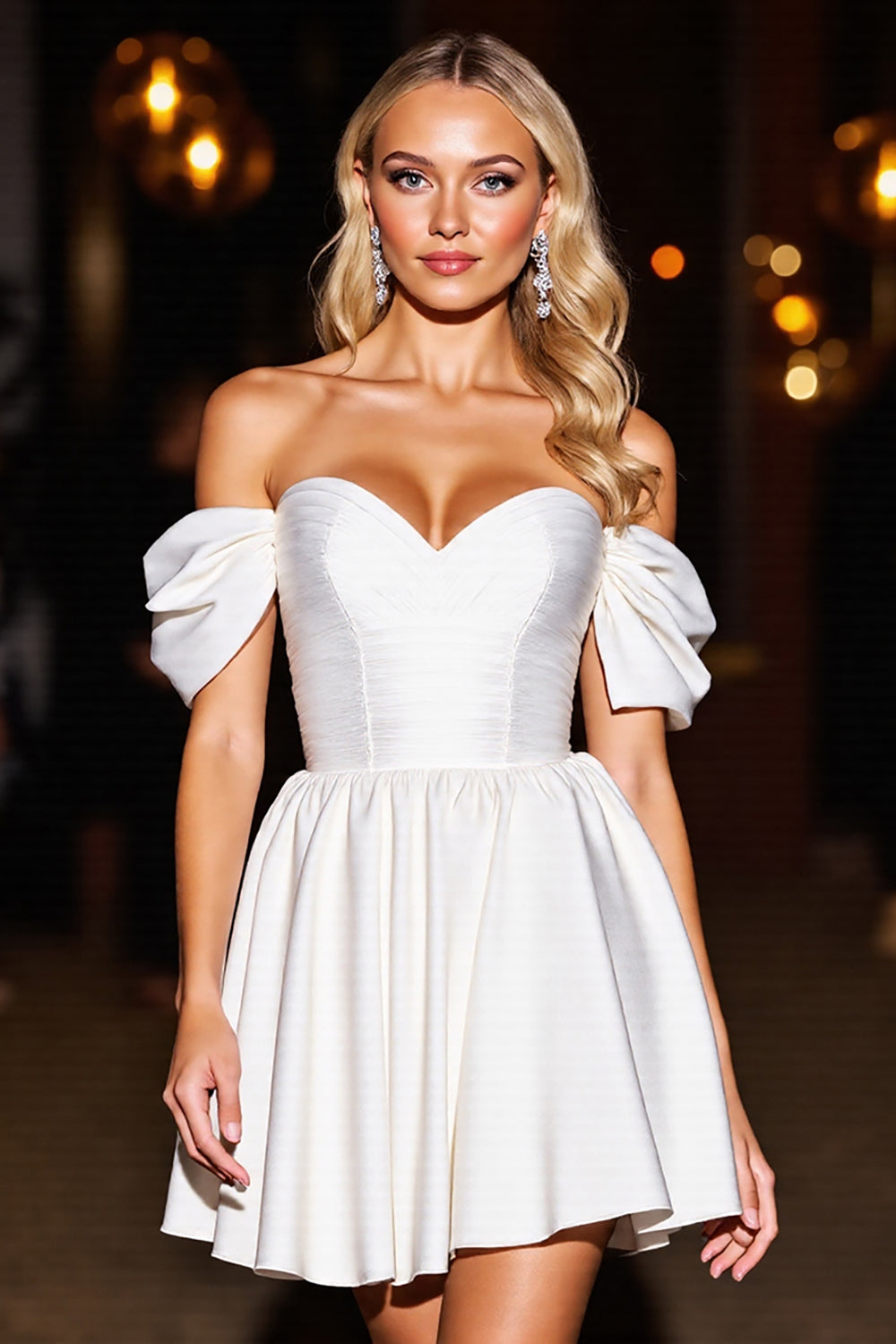 White Satin A Line Off the Shoulder Short Homecoming Dress with Ruffle VOS LEE White Satin A Line Off the Shoulder Short Homecoming Dress with Ruffle VOS LEE