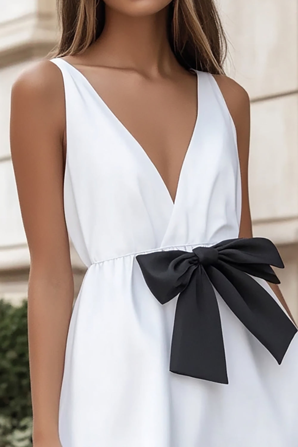 White and Black A Line V-Neck Short Bows Graduation Dress with Ruffles