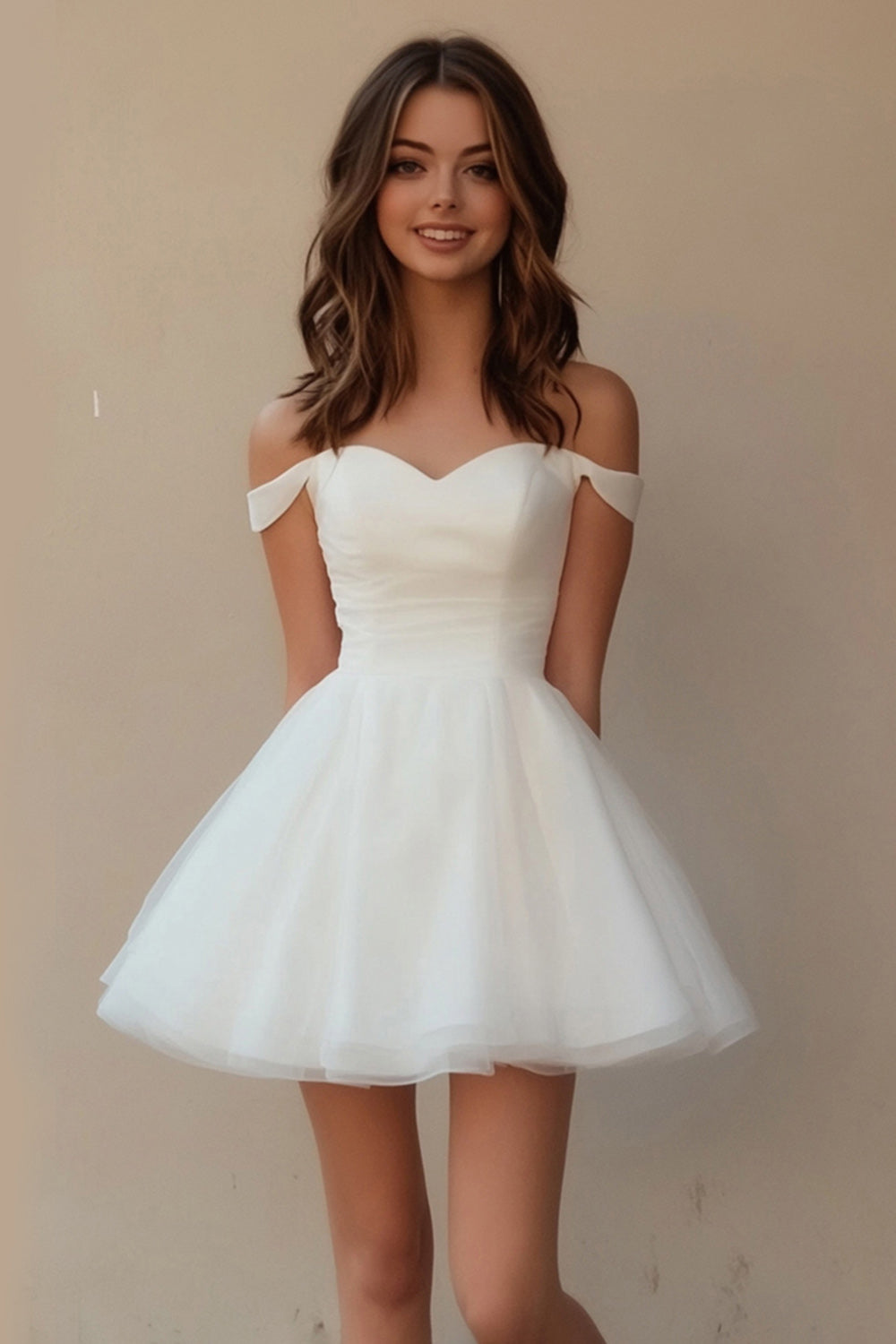 White A Line Tulle Off The ShoulderShort Graduation Dress VOS LEE White A Line Tulle Off The ShoulderShort Graduation Dress VOS LEE