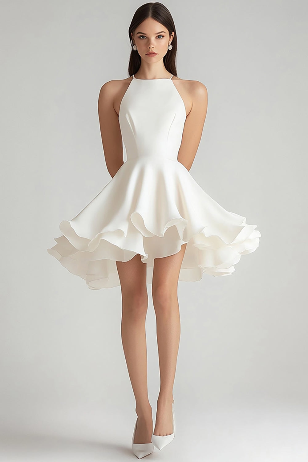 Ivory Chiffon A Line Short Graduation Dress with Ruffles VOS LEE Ivory Chiffon A Line Short Graduation Dress with Ruffles VOS LEE