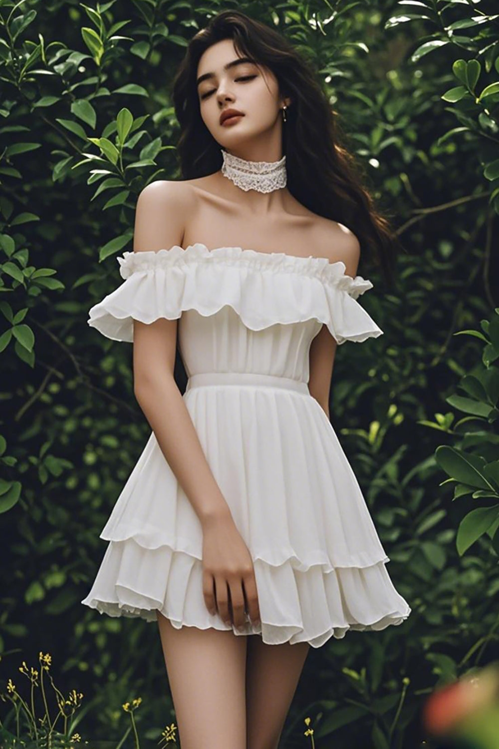 Ivory Chiffon Short A Line Off the Shoulder Graduation Dress with Ruffles Ivory Chiffon Short A Line Off the Shoulder Graduation Dress with Ruffles