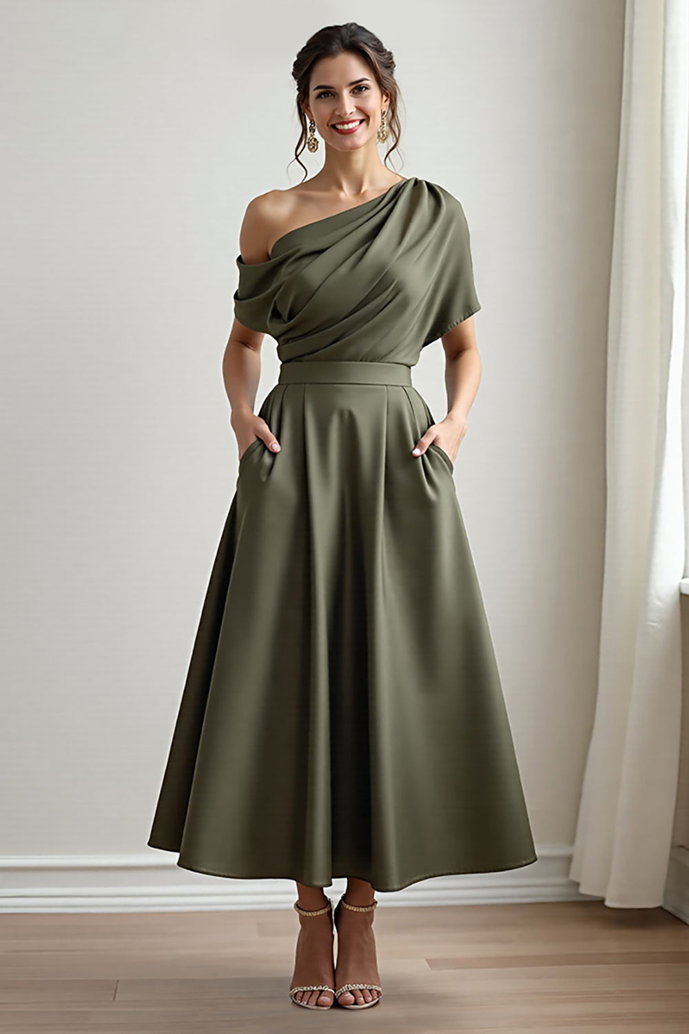 Black Satin A Line Mother Of The Bride Dress With Pockets