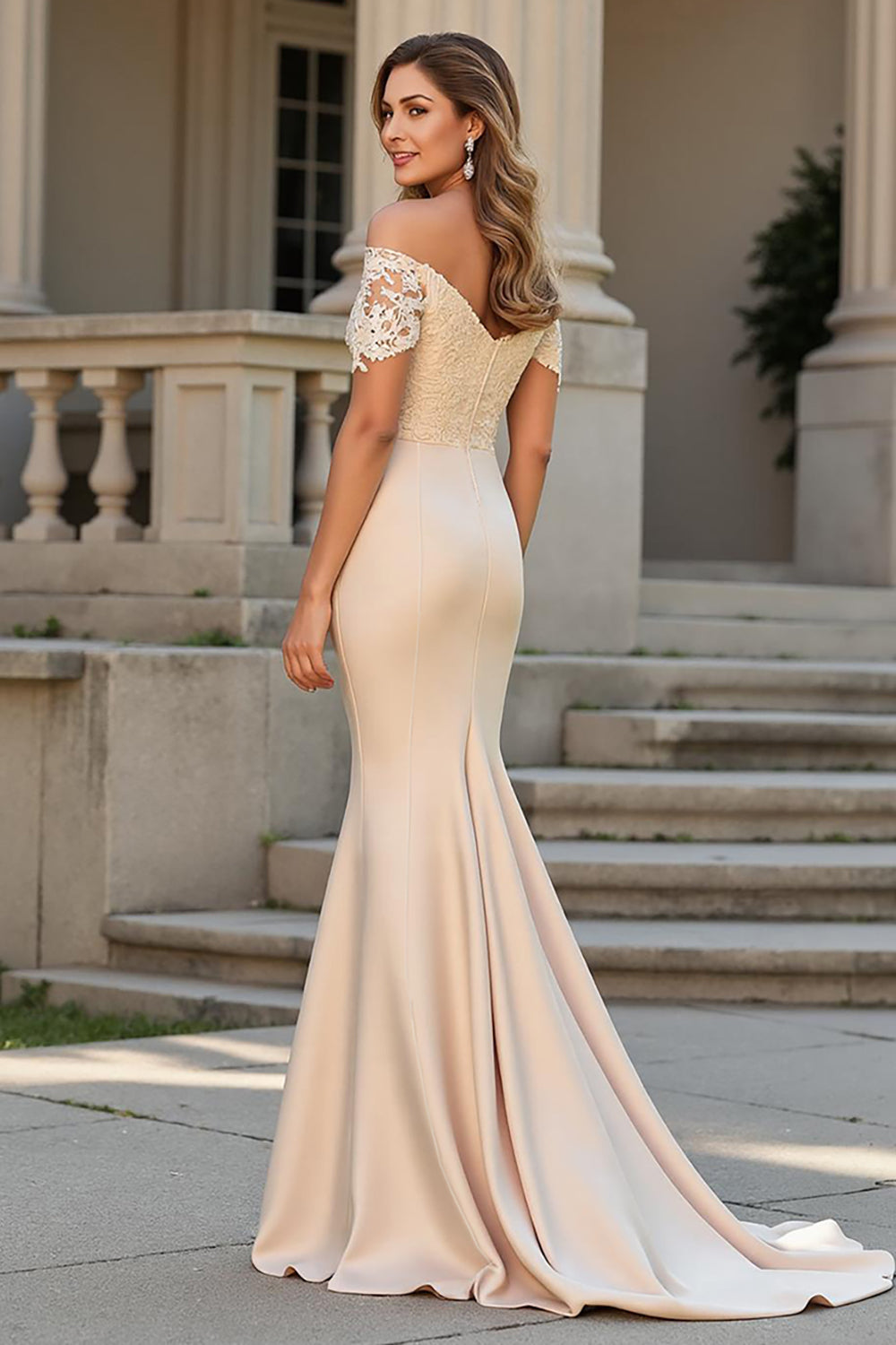 Long Stretch Satin Mermaid Off the Shoulder Champagne Mother of the Bride Dress with Lace Appliques