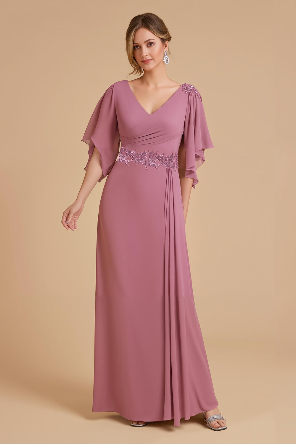 Dusty Rose A Line Flutter Sleeve Chiffon Wedding Guest Dress with Appliques