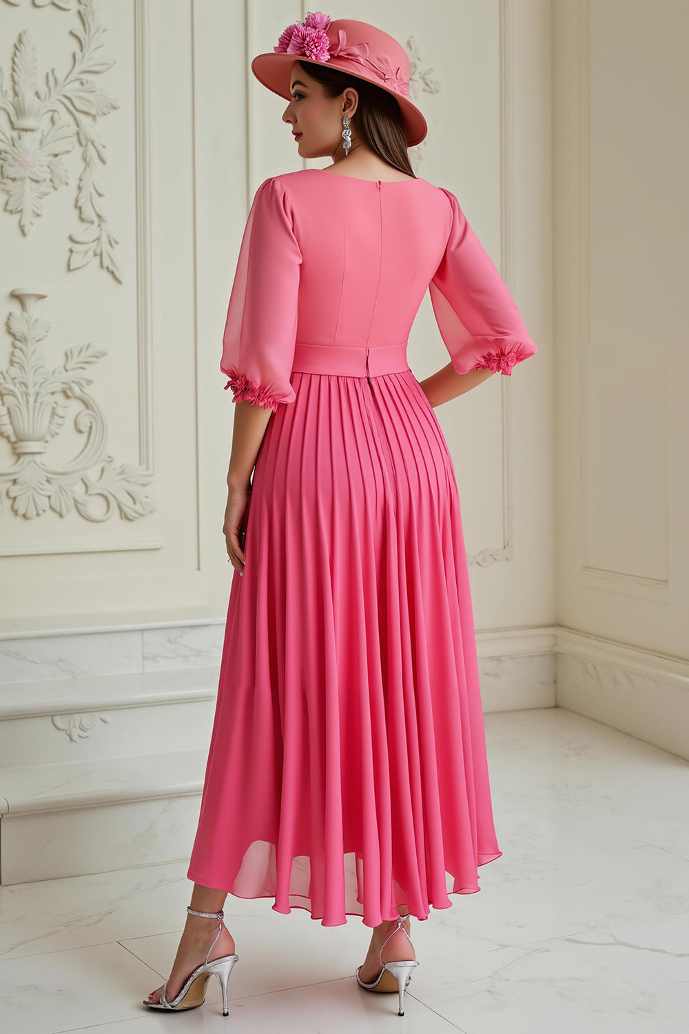 Hot Pink A Line Pleated Chiffon Wedding Guest Dress