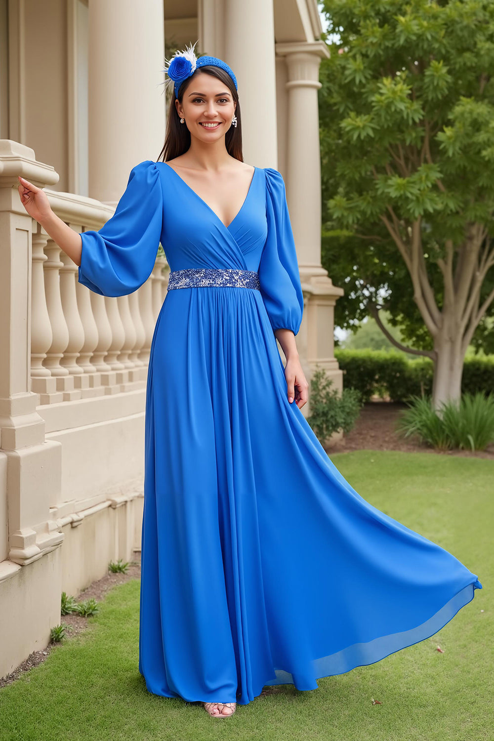 V Neck Long Mother of the Bride Dress with Front Split and Half Sleeves main image 1