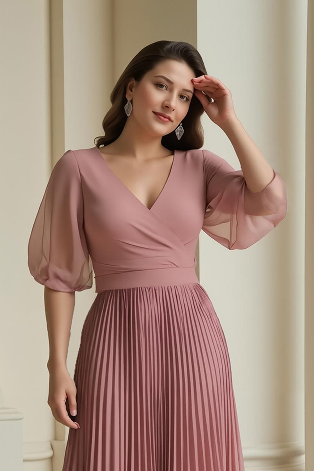 Dusty Rose A-Line V-Neck Chiffon Long Mother of the Bride Dress with Ruffles