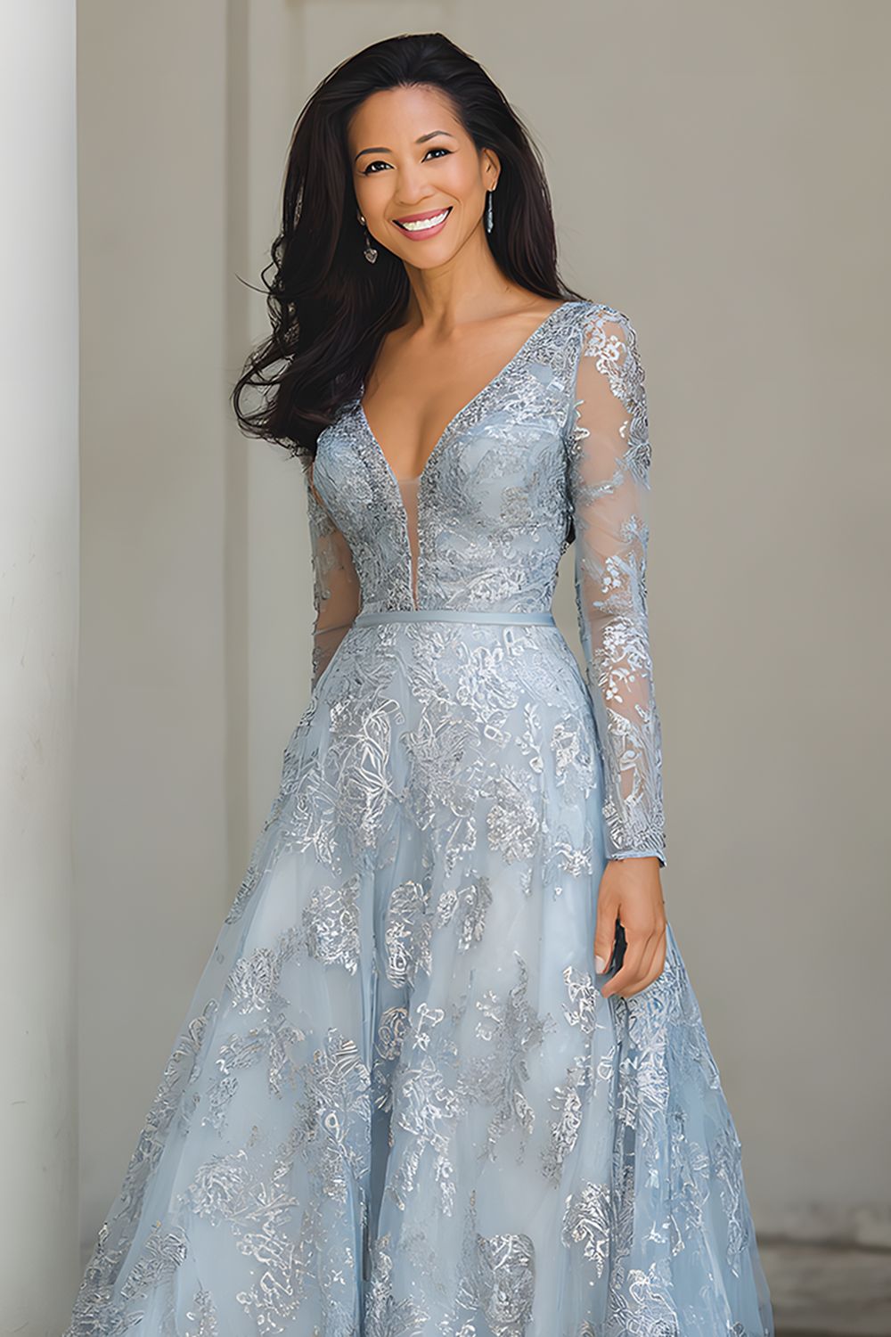 Silver A Line V-Neck Long Mother of the Bride Dress with Appliques