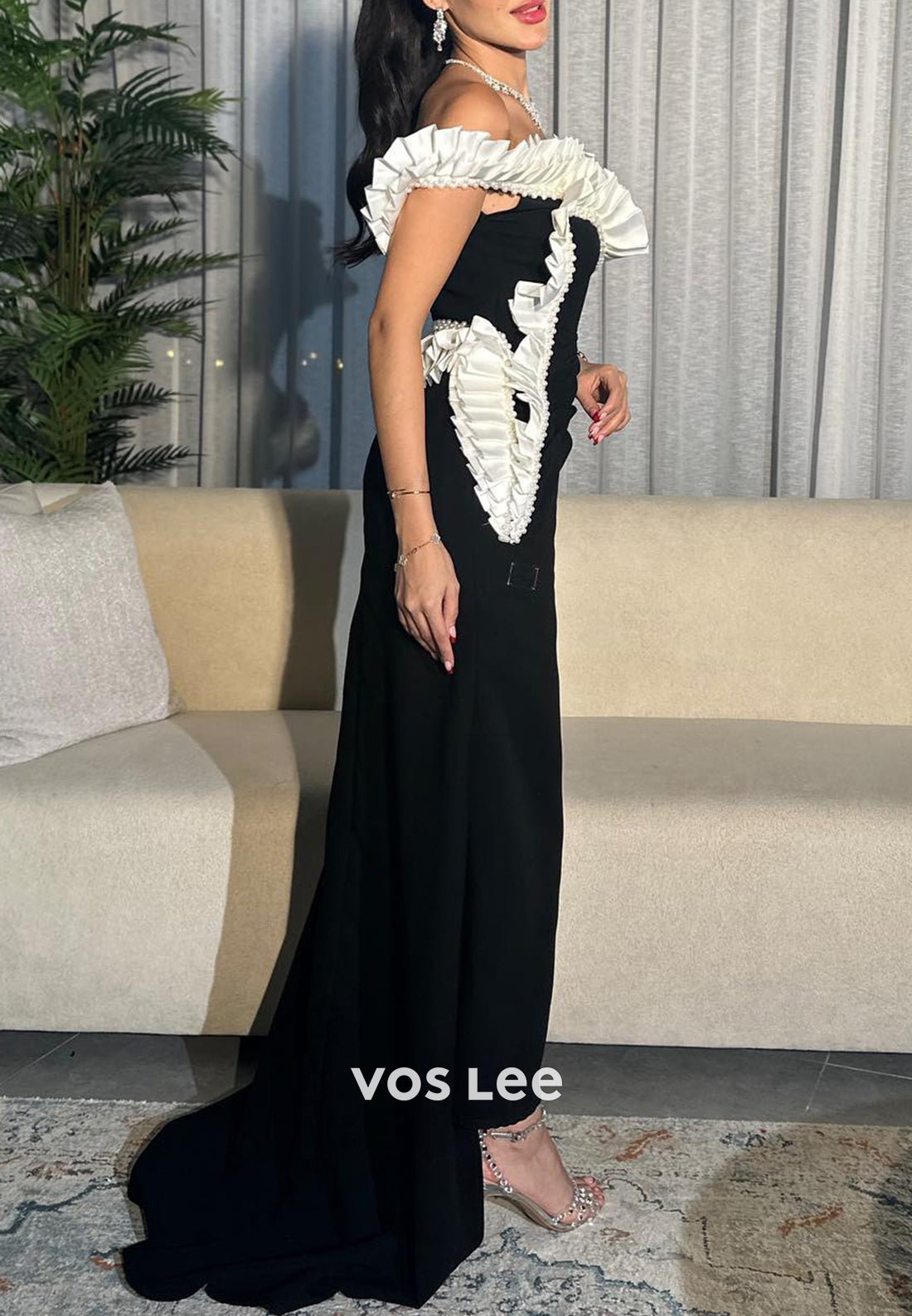 Couture Off the Shoulder Pearls Pleated Satin Sheath Evening Dresses