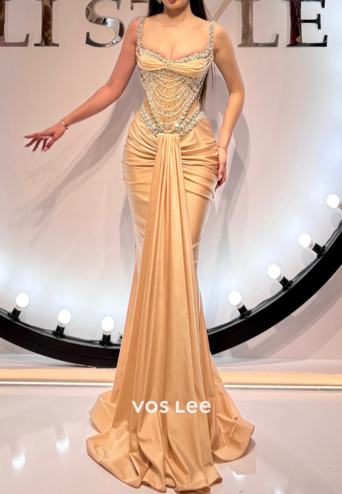 Spaghetti Straps Sweetheart Rhinestone Beaded Mermaid Evening Dresses with Sweep Train