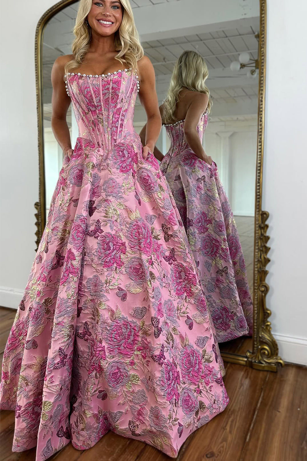Gorgeous A Line Scoop Neck Jacquard Satin Prom Dress with Pearls VOS LEE Gorgeous A Line Scoop Neck Jacquard Satin Prom Dress with Pearls VOS LEE