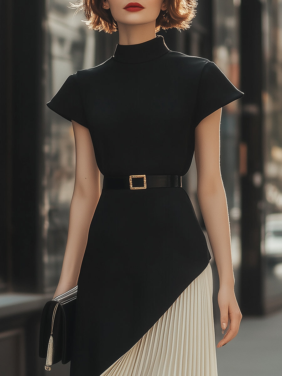 Elegant Black Top And Ivory Pleated Skirt Midi Dress