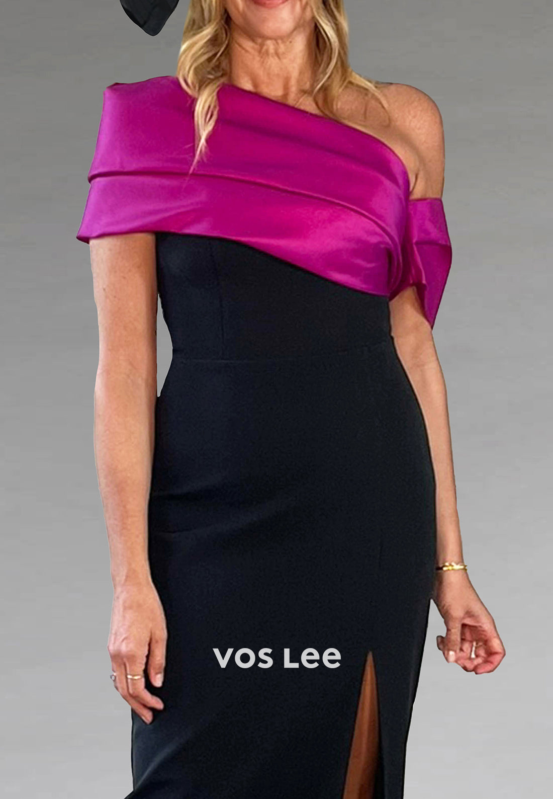 Black One Shoulder Floor-Length Sheath Mother of Bride Dresses with High Split