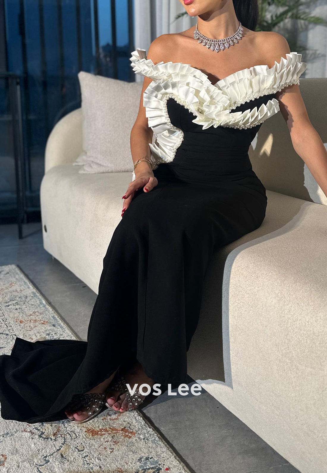 Couture Off the Shoulder Pearls Pleated Satin Sheath Evening Dresses