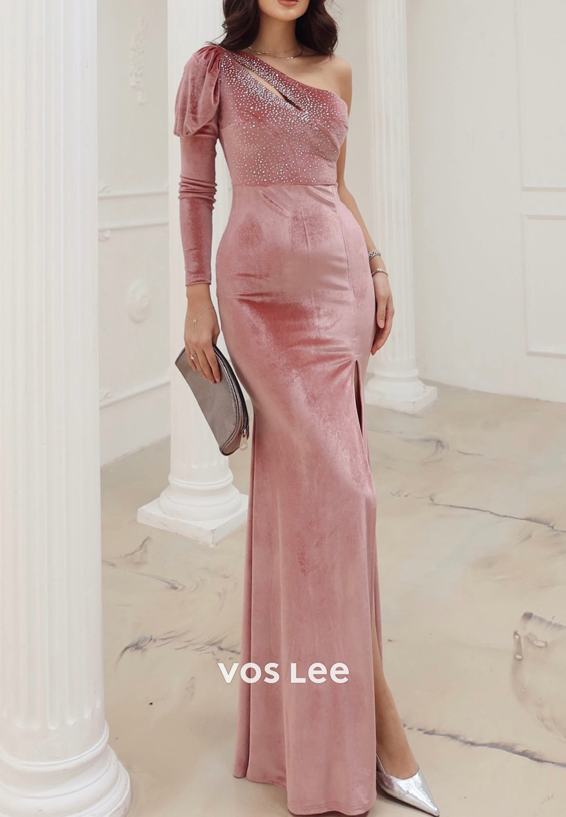 Long Sleeve One Shoulder Pleated Rhinestone Mermaid Evening Dresses with High Split