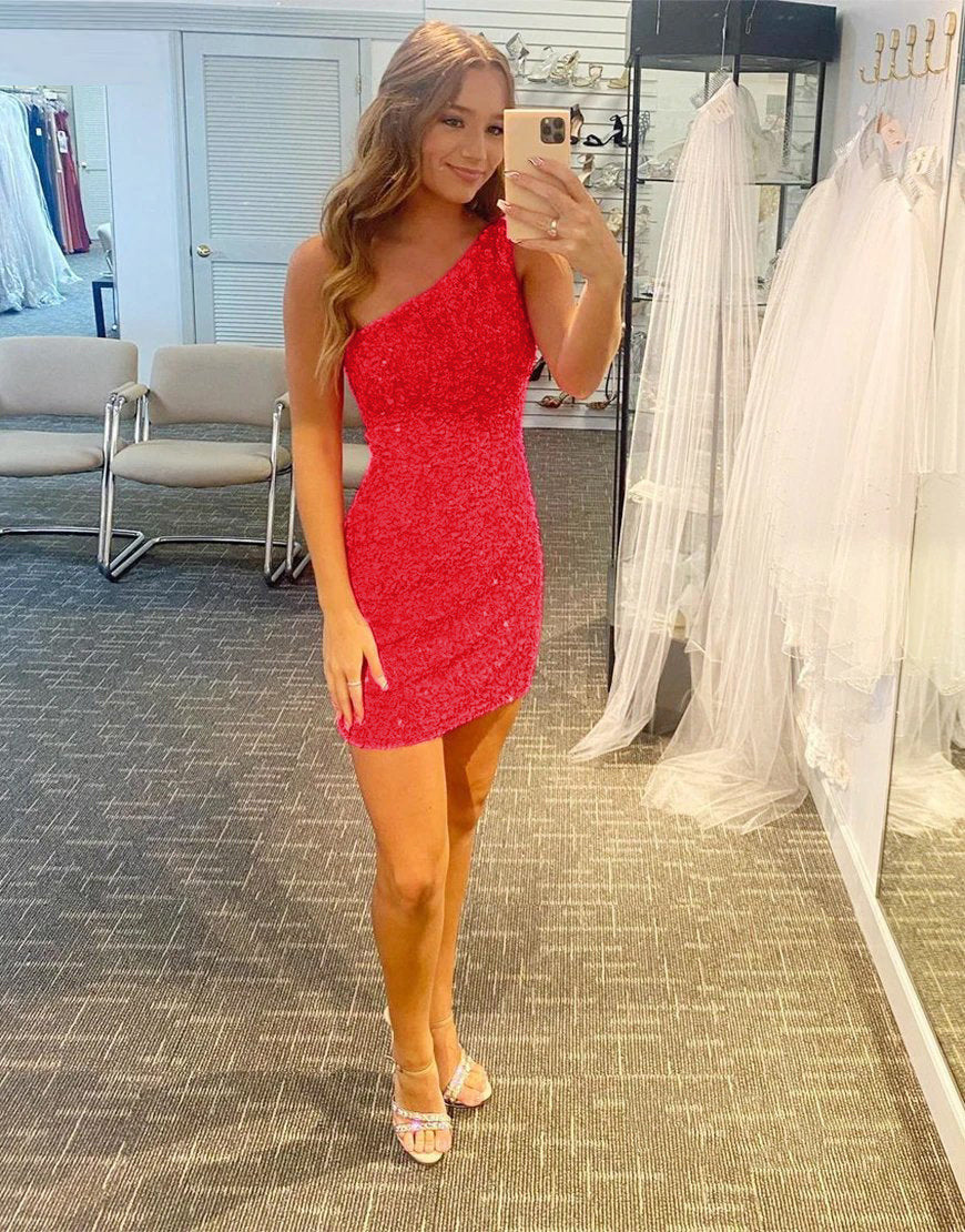 Glitter One-Shoulder Hot Pink Homecoming Dress With Sequins