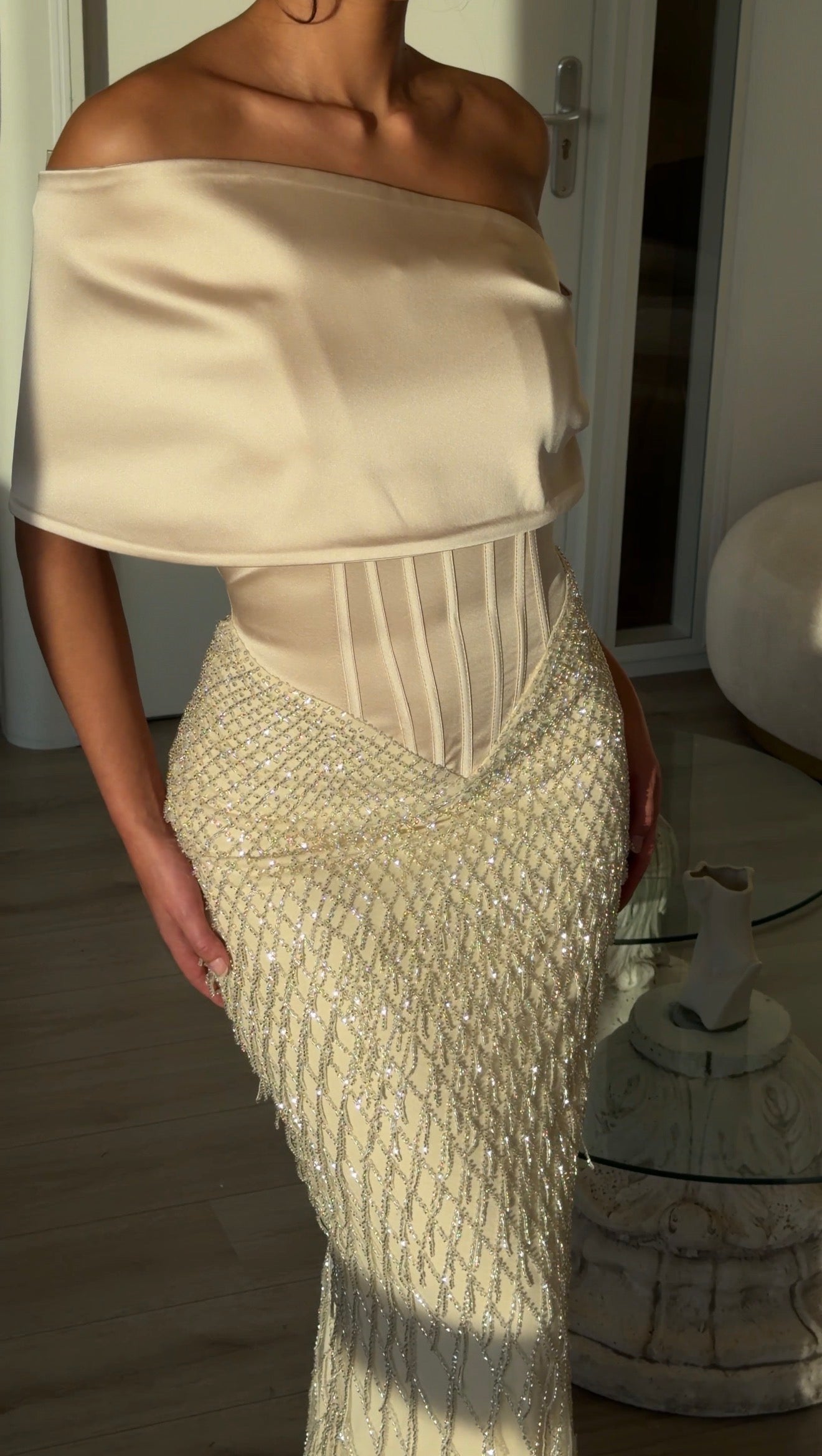 Pearl Beaded Sheer Mesh Mermaid Maxi Skirt with Embroidered Detail
