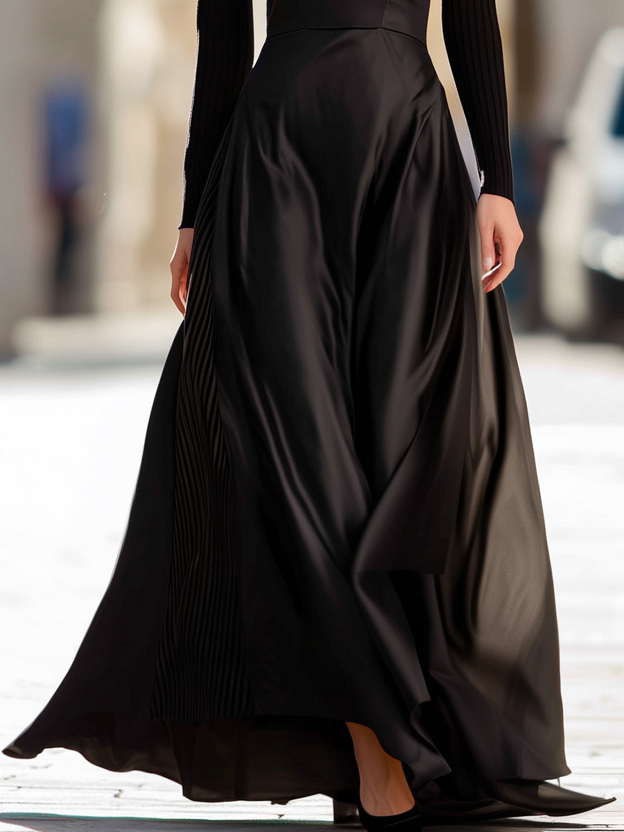 Black Knit & Satin Panel Gown