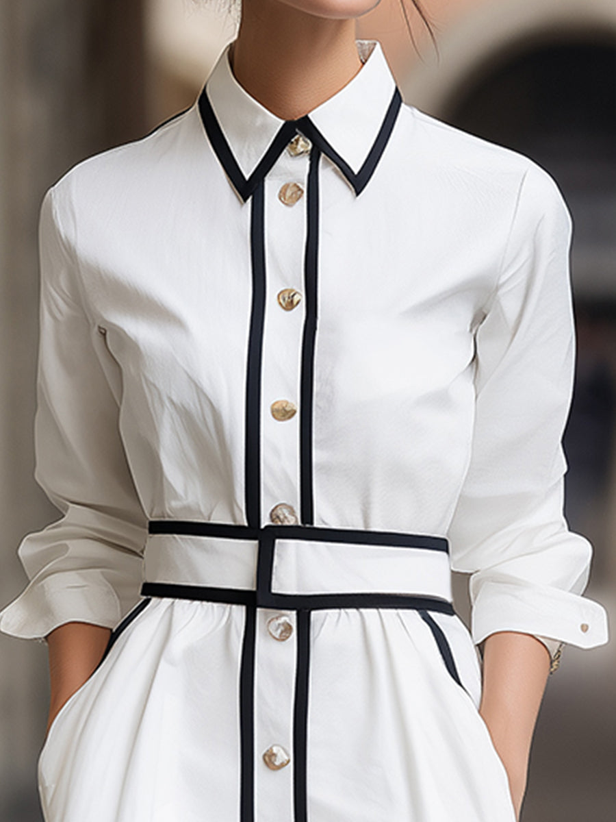 Stylish Contrast Trim Belted Shirt Dress