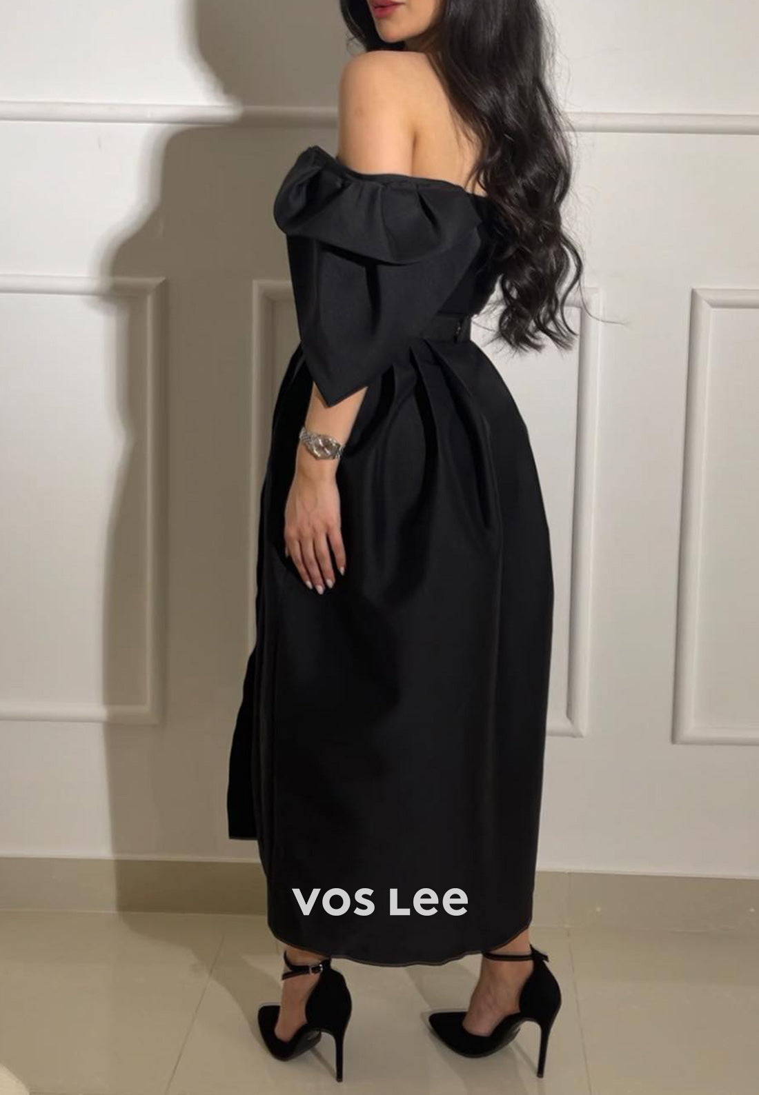 Black A-Line Off the Shoulder Sleeveless Beaded Pleated Evening Dresses