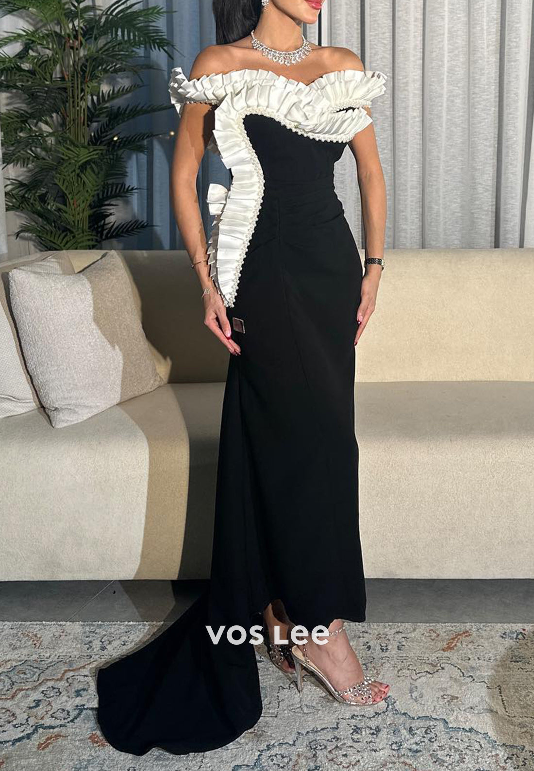 Couture Off the Shoulder Pearls Pleated Satin Sheath Evening Dresses