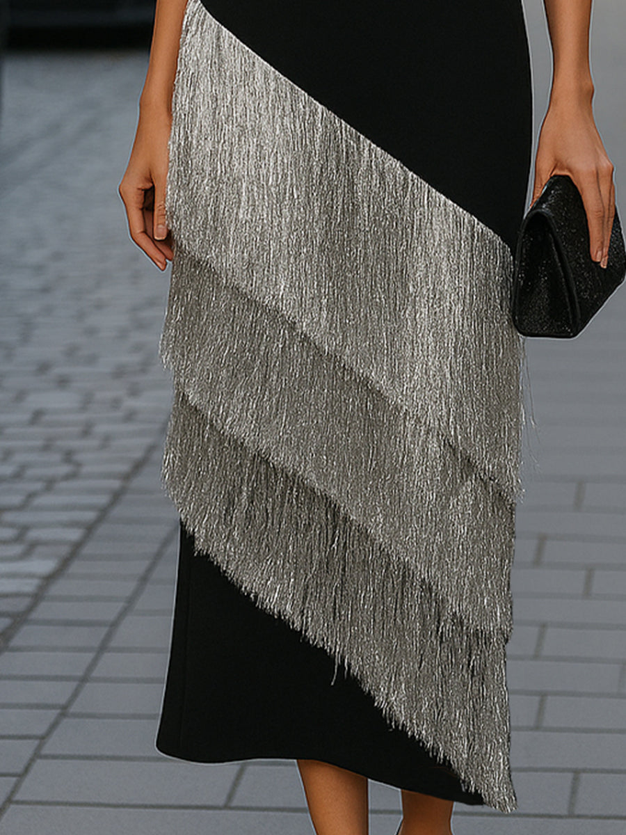 Elegant Fringe Panel Asymmetric Midi Dress Evening Dress Wedding Guest Dresses