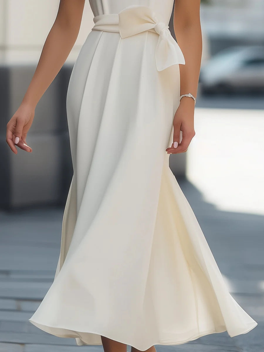 A-Line Short Sleeve Scoop Pleated Bowknot Ankle-Length Wedding Guest Dresses