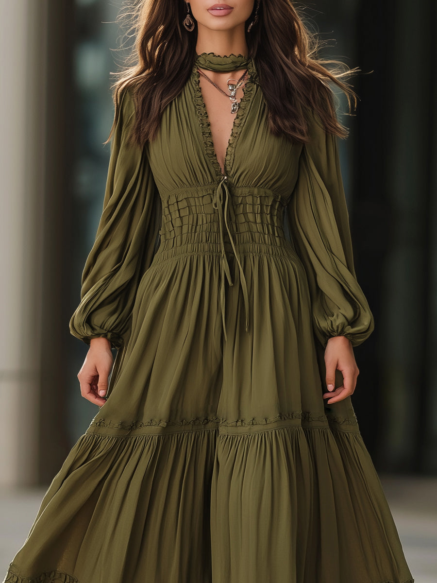 Cotton-Linen Maxi Dress With Shirred Waist And Flowing Tiers