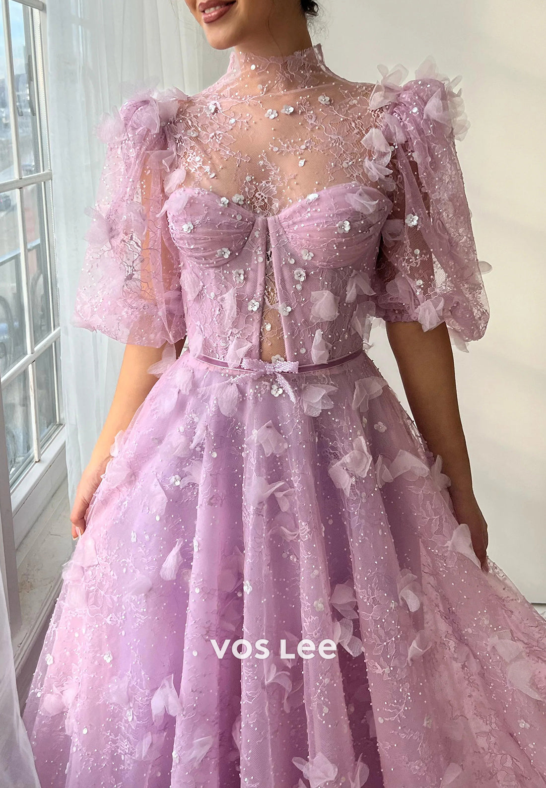 A-Line Short Sleeve Illusion Neck Sequins Embellished Pleated Prom Dresses