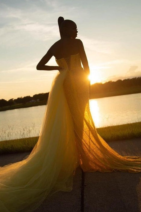 Newest Yellow Sweetheart Sheath Side Slit Tiered Prom Dress