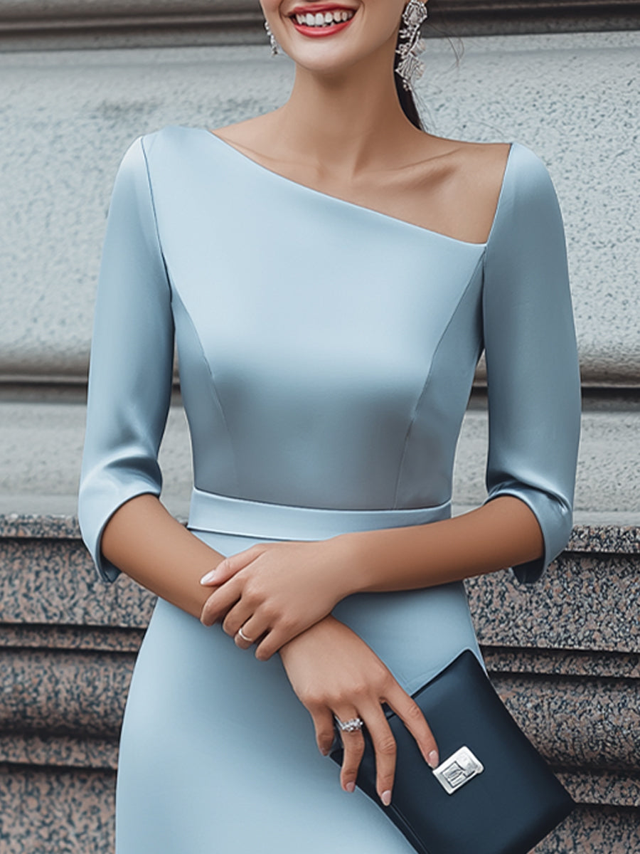 Elegant Satin Asymmetric Neck Midi Dress