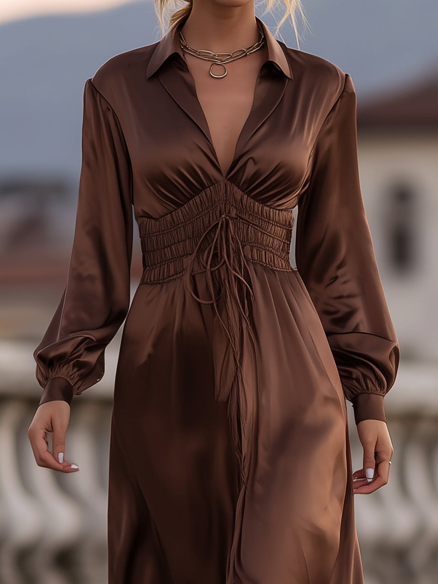 VOS LEE Satin Cinched Waist Maxi Dress In Mocha Brown