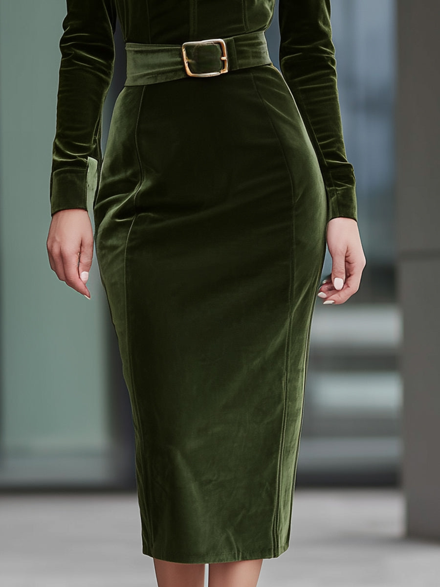 Emerald Green Velvet Belted Midi Dress