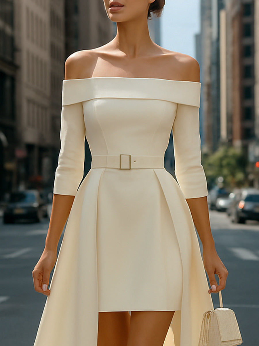 Elegant Off-Shoulder High-Low Cream Dress