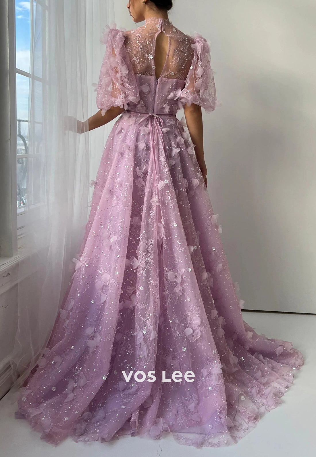 A-Line Short Sleeve Illusion Neck Sequins Embellished Pleated Prom Dresses