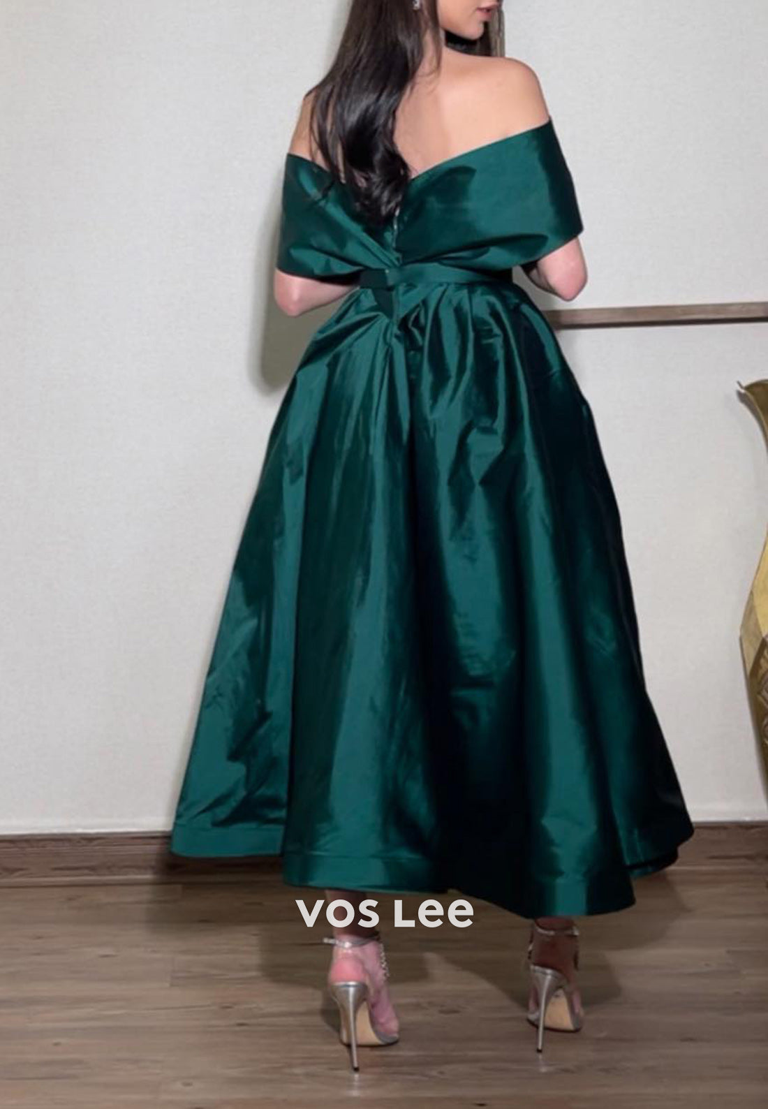 A-Line Off the Shoulder Green Pleated Ankle-Length Evening Dresses