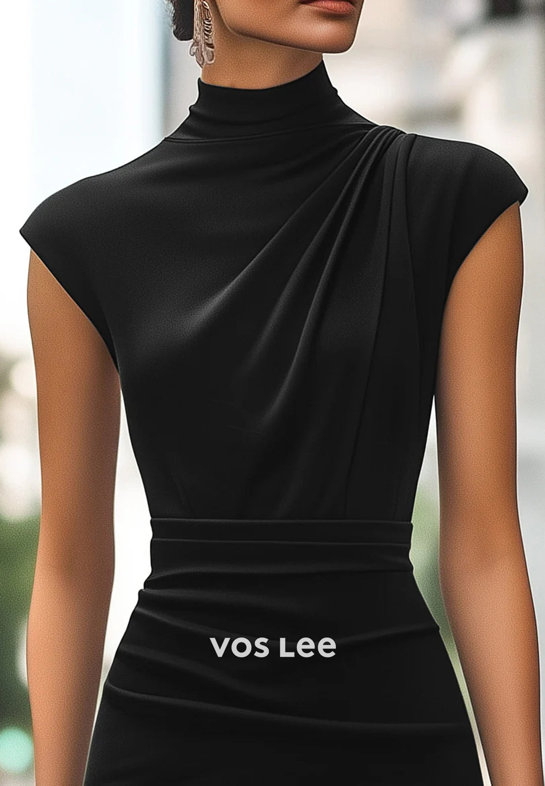 Cap Sleeves High Neck Knee-Length Pleated Mermaid Wedding Guest Dresses