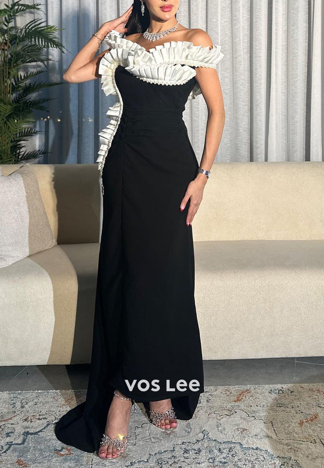 Couture Off the Shoulder Pearls Pleated Satin Sheath Evening Dresses