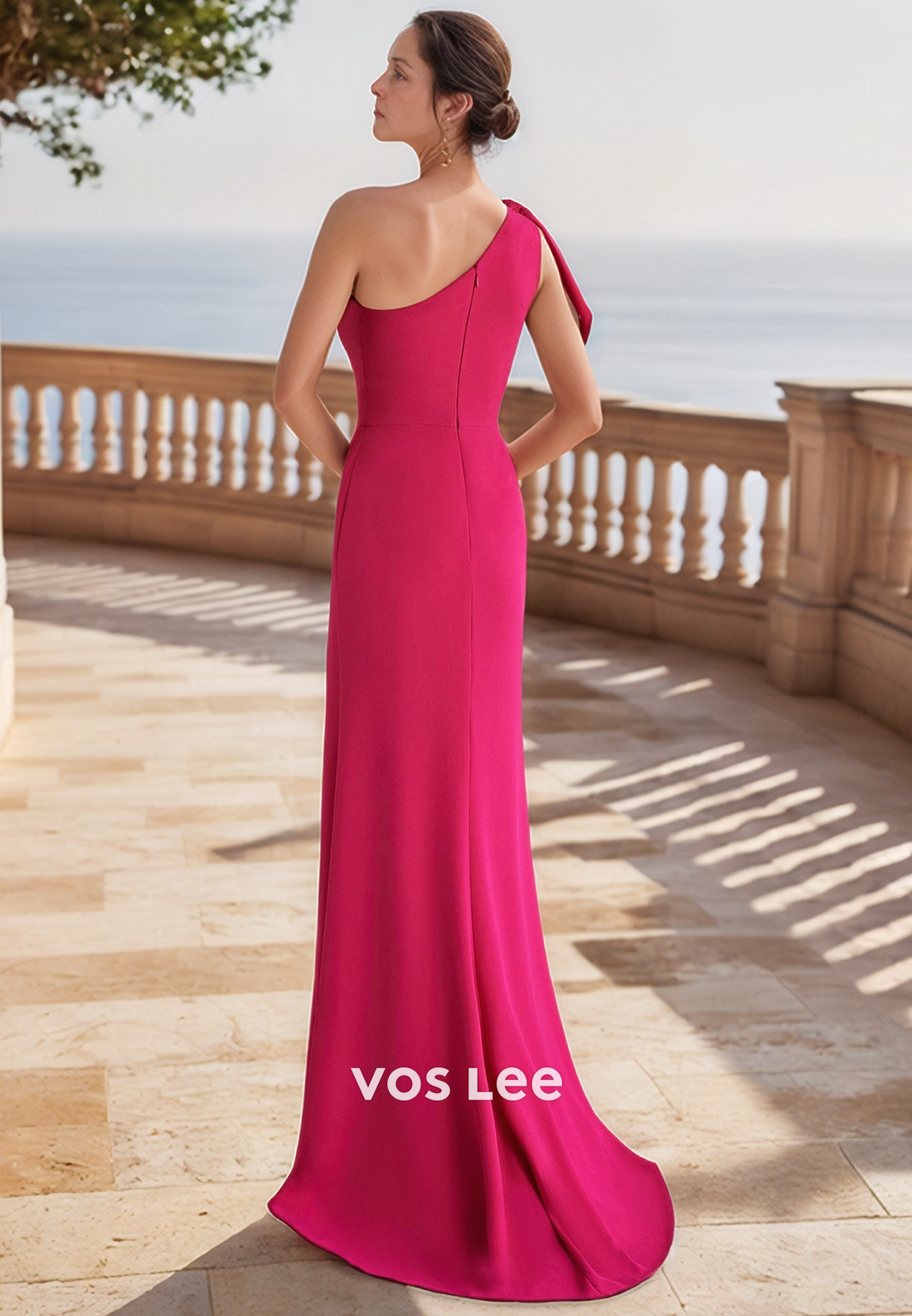 One Shoulder Bows Ruched Sheath Mother of the Bride Dresses with Sweep Train
