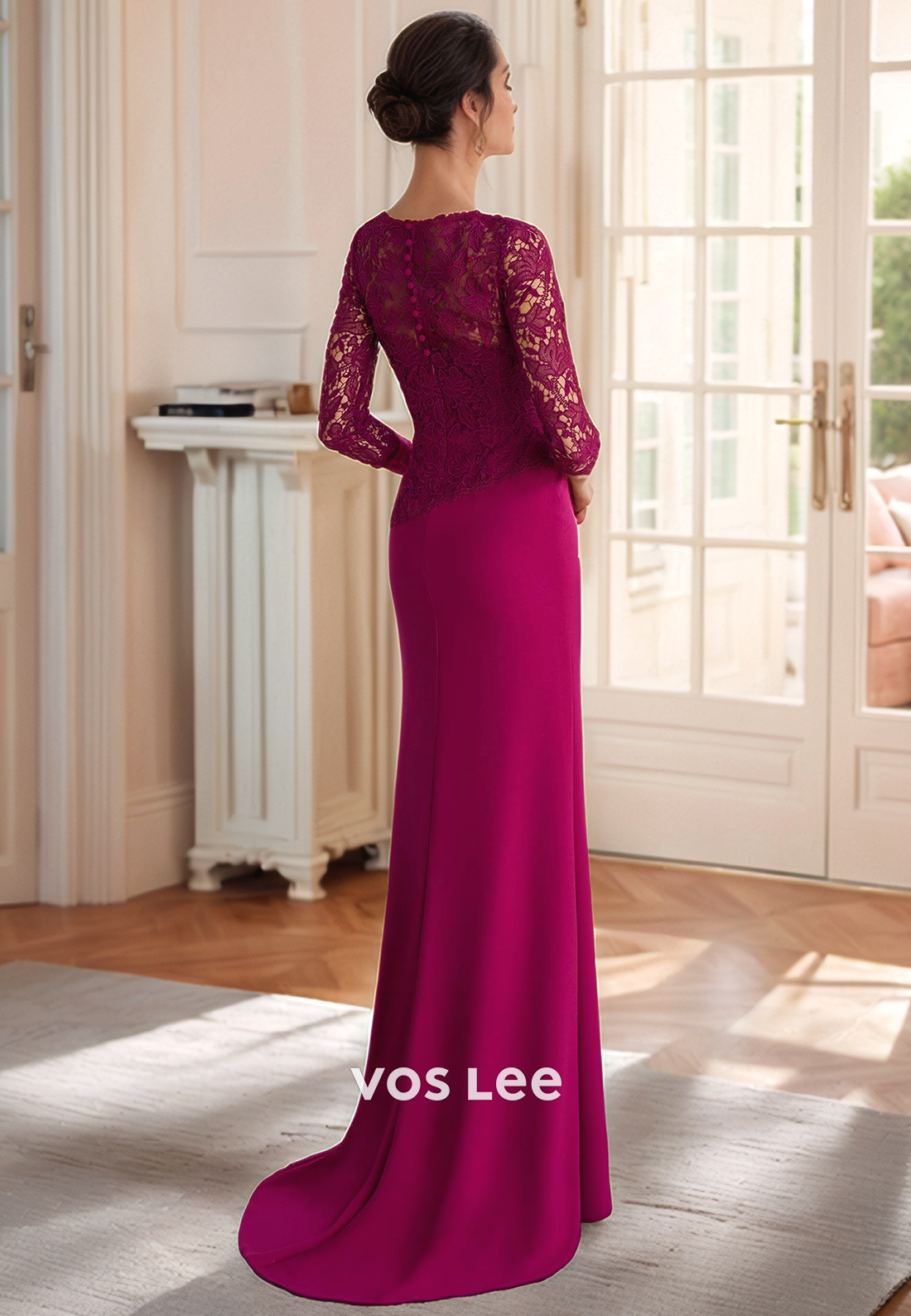 Lace Applique 3/4 Sleeve Mermaid Mother of Bride Dresses with Sweep Train