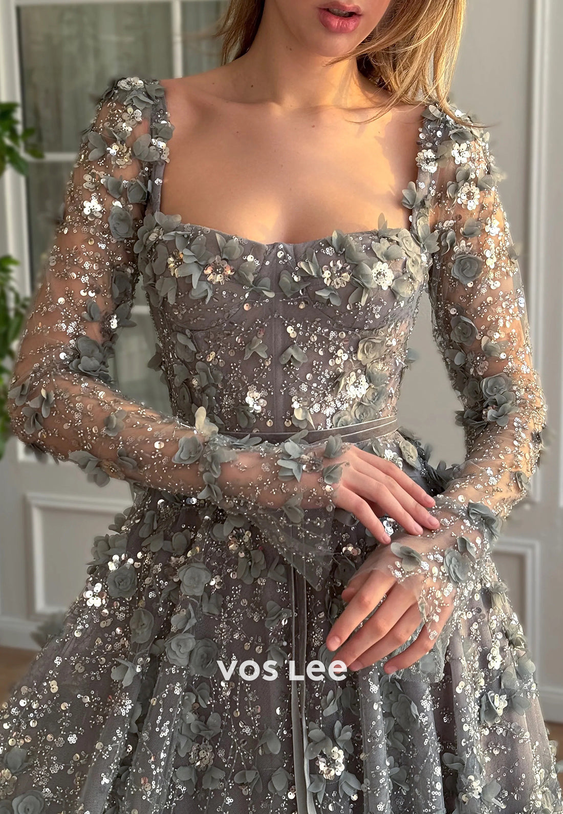A-Line Long Sleeve Square Sequins Appliques Embellished Prom Dresses