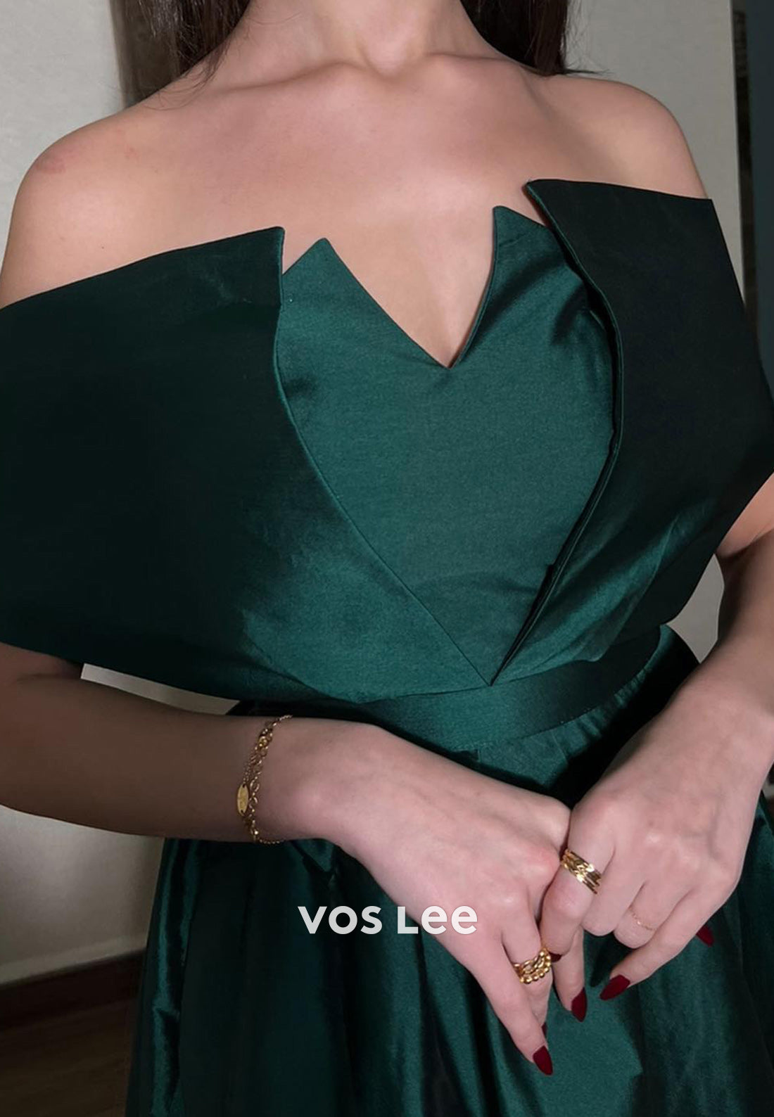 A-Line Off the Shoulder Green Pleated Ankle-Length Evening Dresses