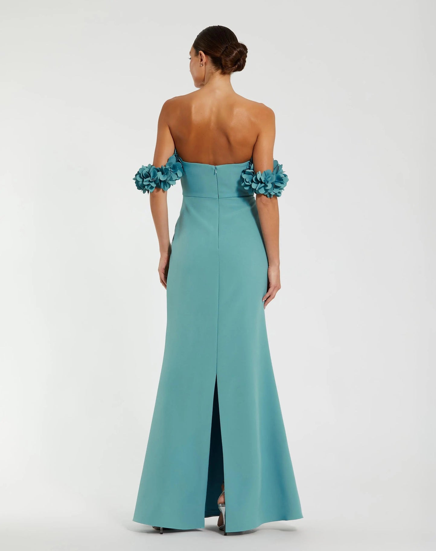 Teal Off-the-Shoulder Mermaid Evening Gown with 3D Floral Sleeves