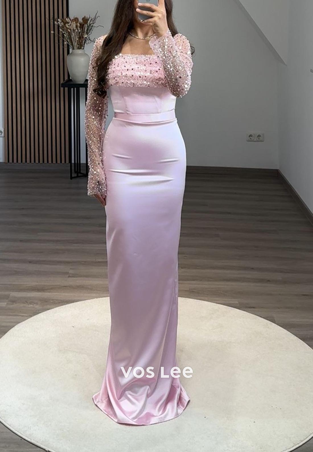 Long Sleeves Sequined Mermaid Formal Dresses with Detachable Train