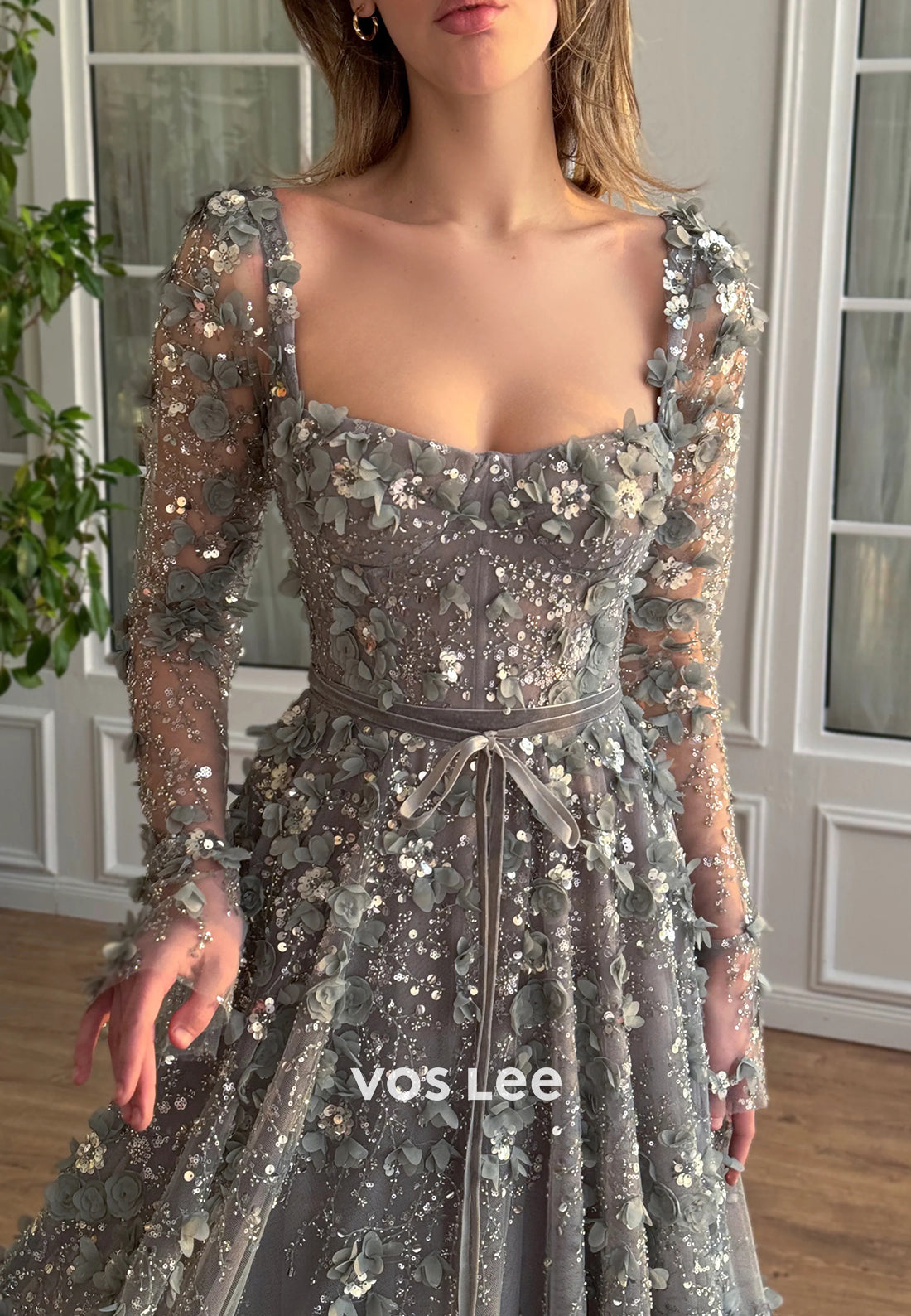 A-Line Long Sleeve Square Sequins Appliques Embellished Prom Dresses
