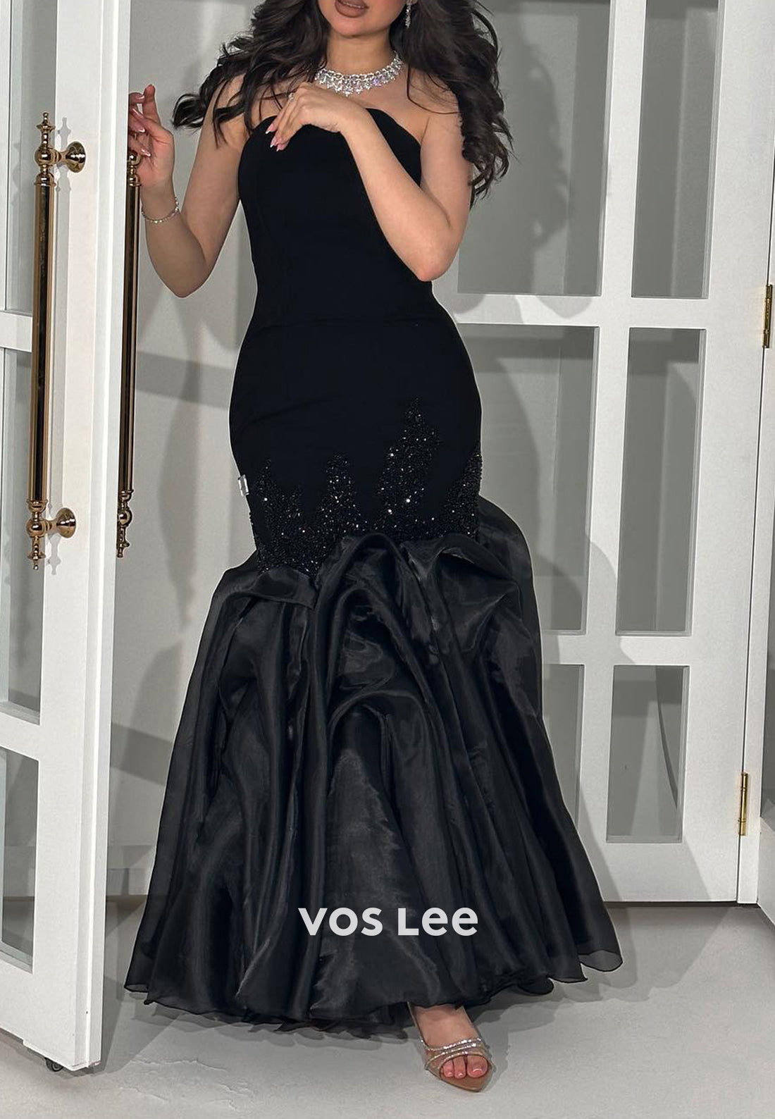 Strapless Rhinestone Pleated Trumpet Floor-Length Evening Dresses