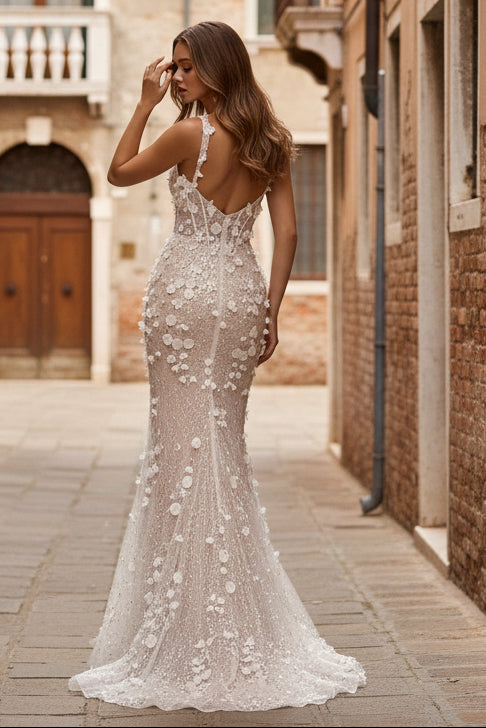 Mermaid Square Neck Sheath 3D Flower Lace Appliques Pleated Sequins Prom Pageant Dress