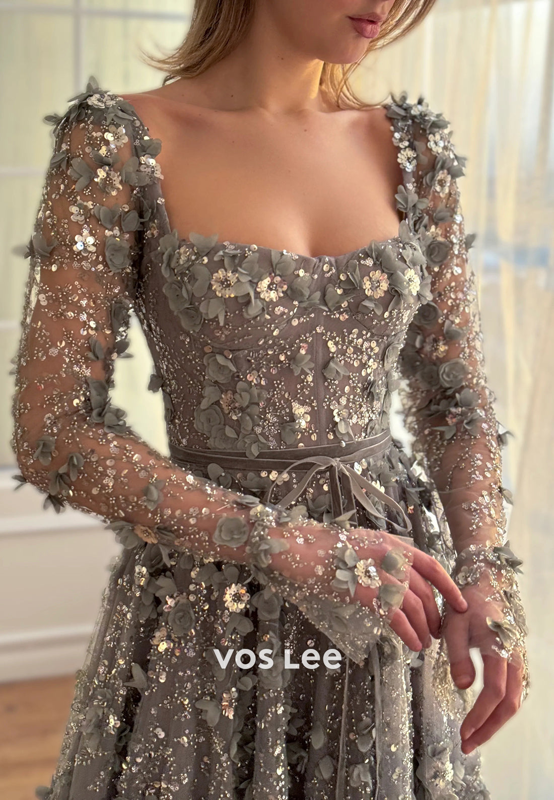 A-Line Long Sleeve Square Sequins Appliques Embellished Prom Dresses