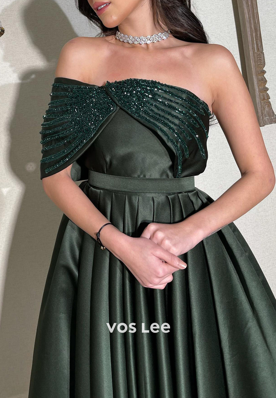 A-Line One Shoulder Sleeveless Beaded Ankle-Length Evening Dresses