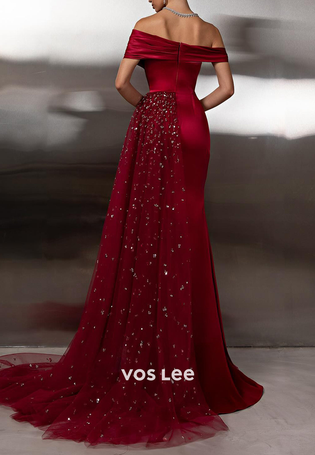 Burgundy Off the Shoulder Satin Pleated Mermaid Prom Dresses with Sweep Train